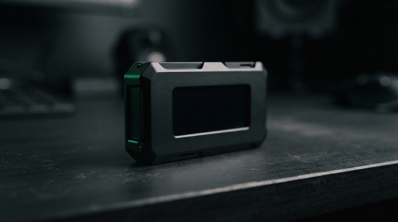 Rugged black electronic device with a dark screen and green side trim on a worn tabletop.