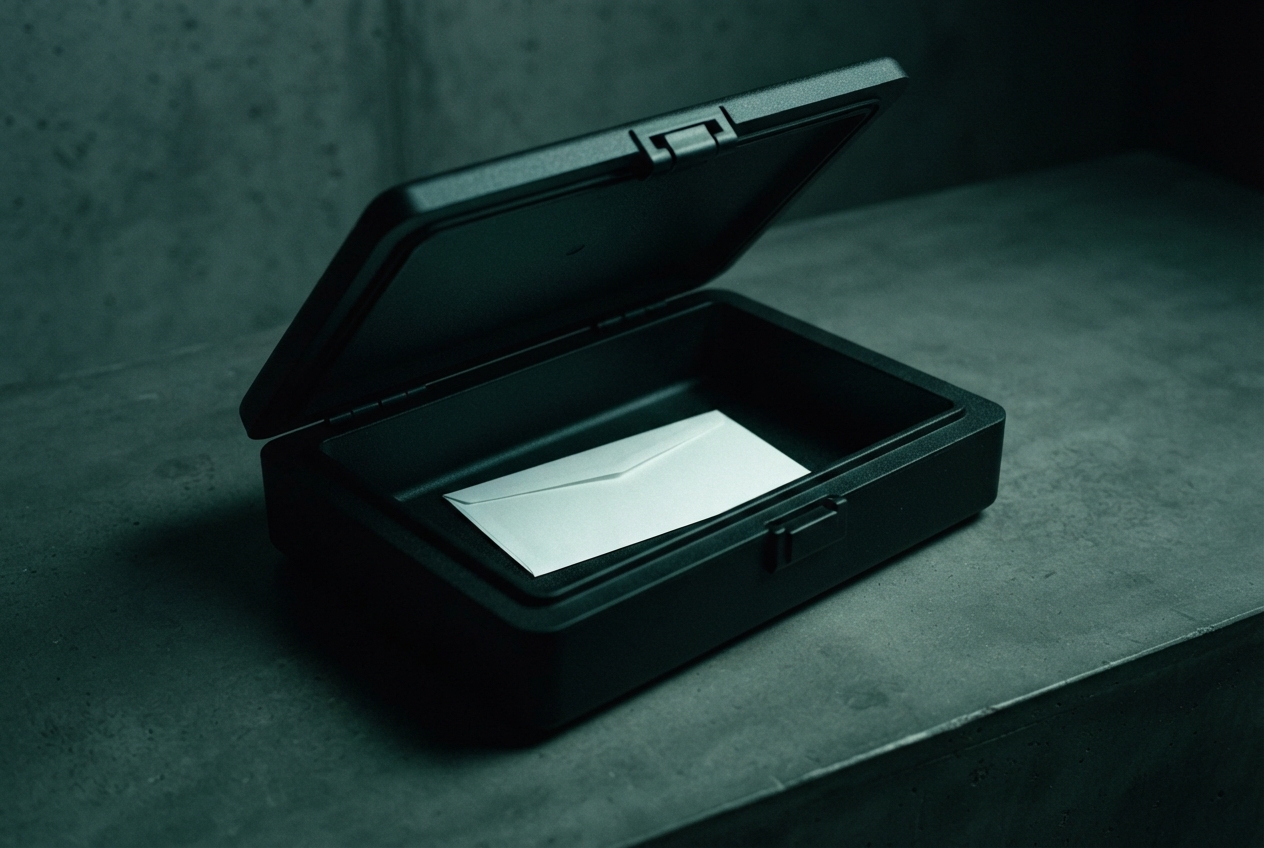 Open black hard case containing a plain white envelope on a dim green-gray concrete surface.